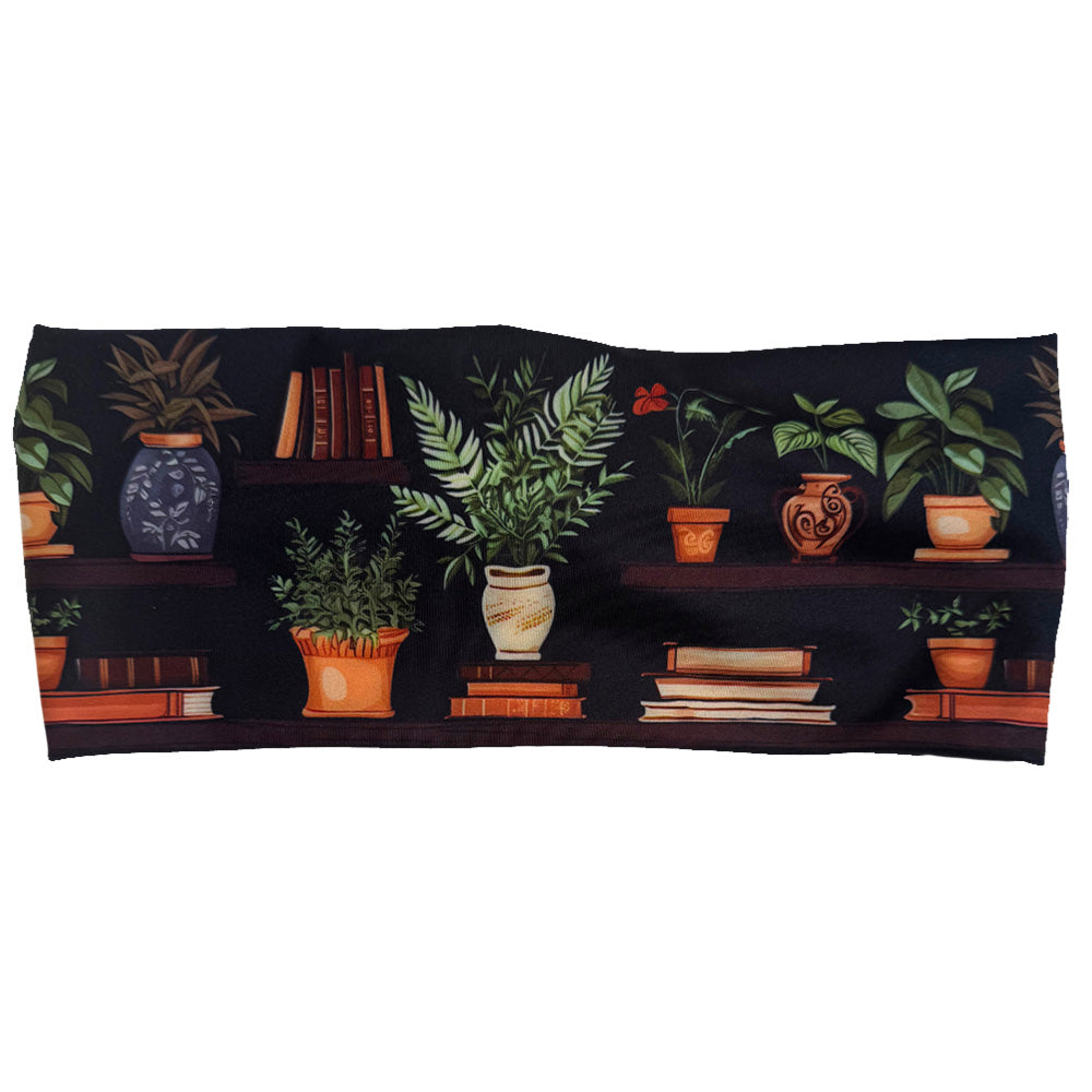 floral patterned headband with books design on it