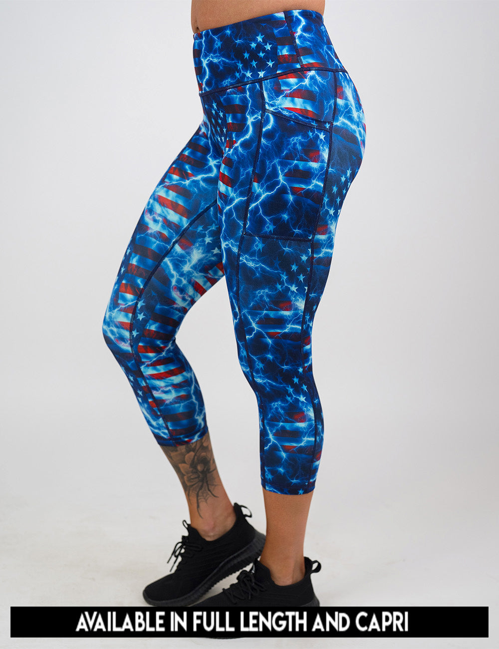 available lengths for the lightning flag leggings, lengths include full length and capri