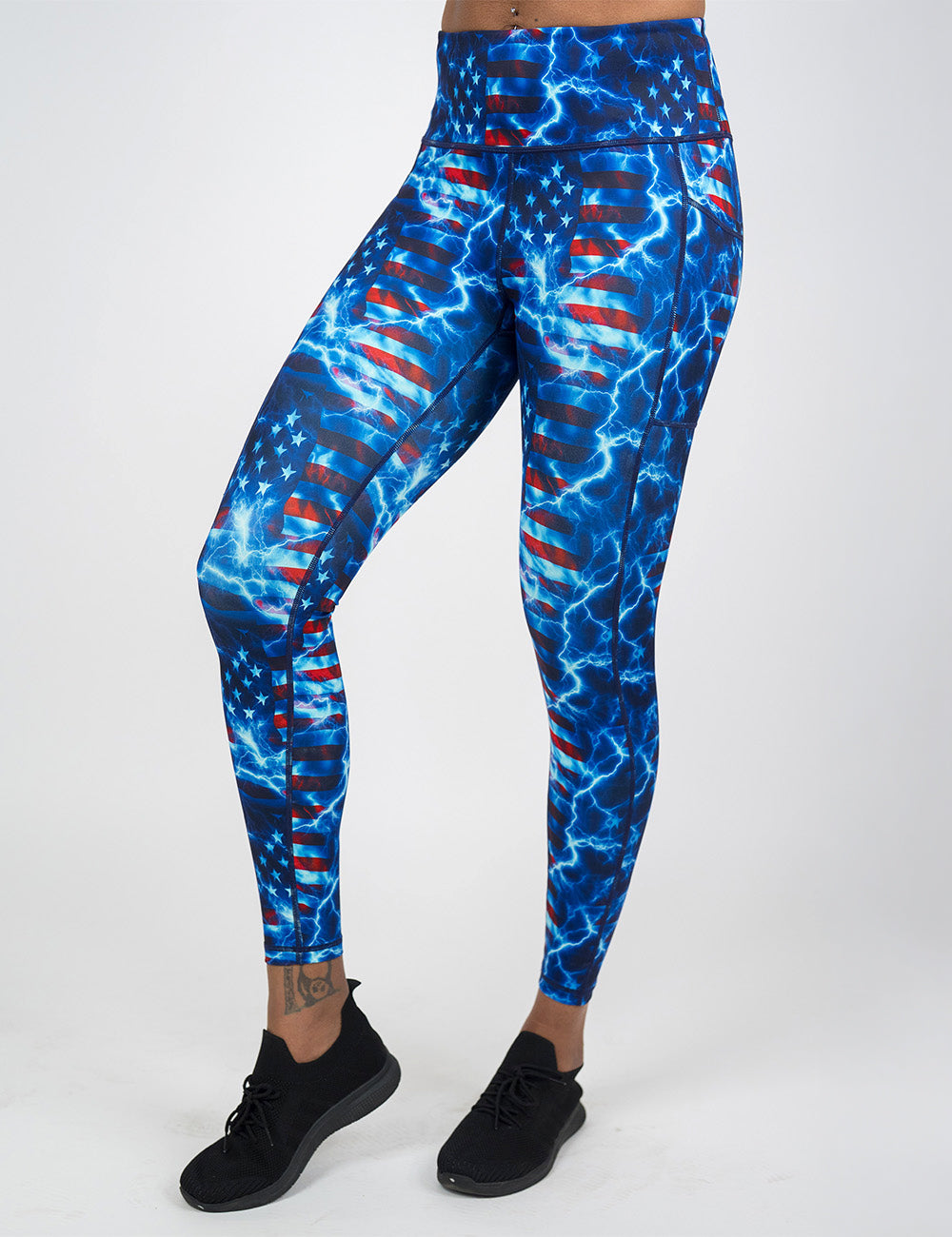front of the full length lightning flag leggings against a white background