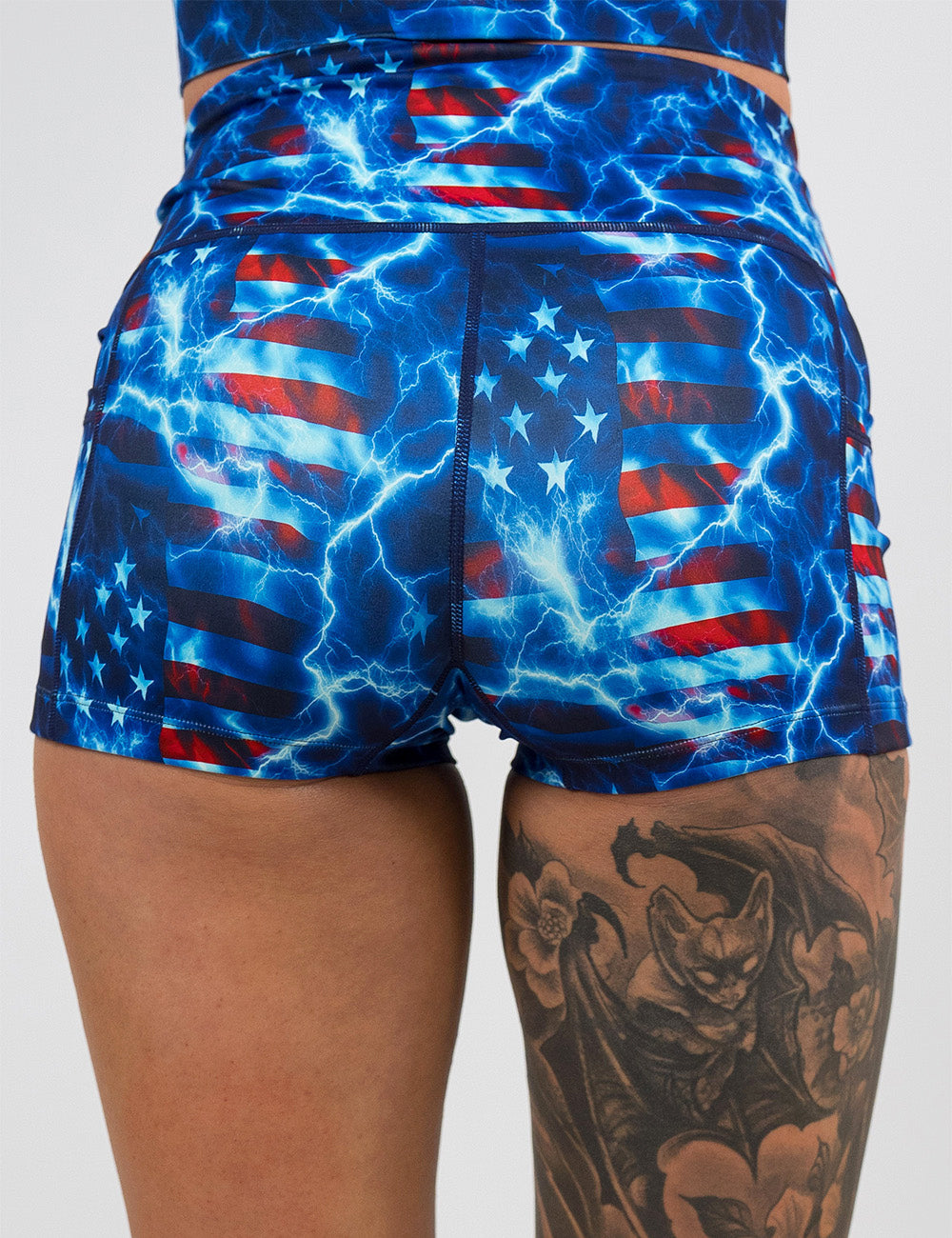 back of the 2.5 inch lightning flag shorts against a white background