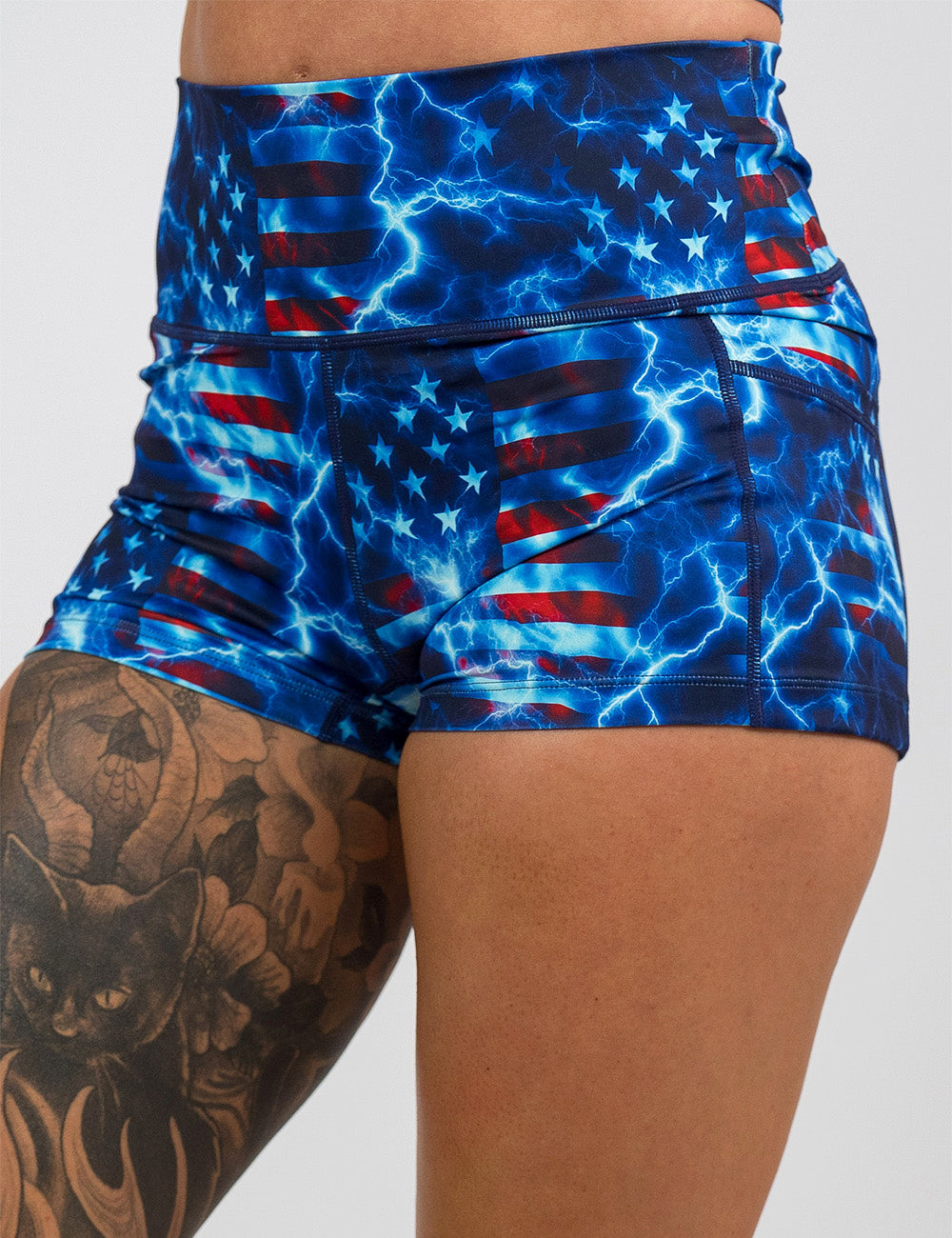 front of the 2.5 inch lightning flag shorts against a white background