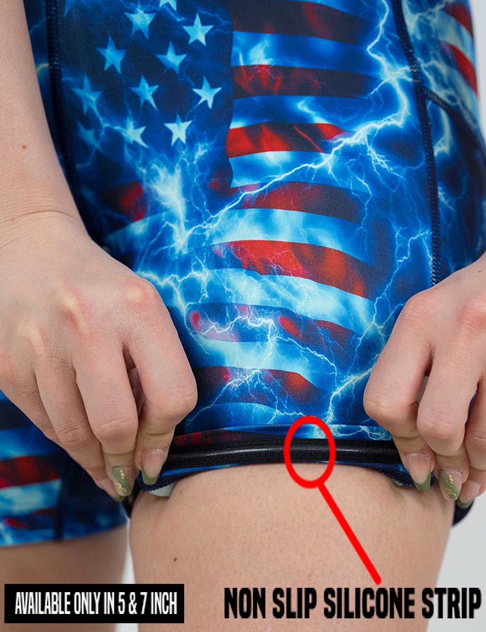 close up of the lightning flag shorts being rolled up to show the non slip silicone grip that is found in only the 5 and 7 inch inseam sizes