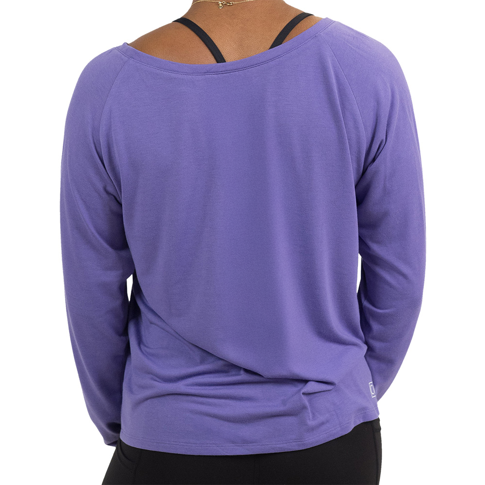 back of the purple long sleeve slouchy tee against a white background