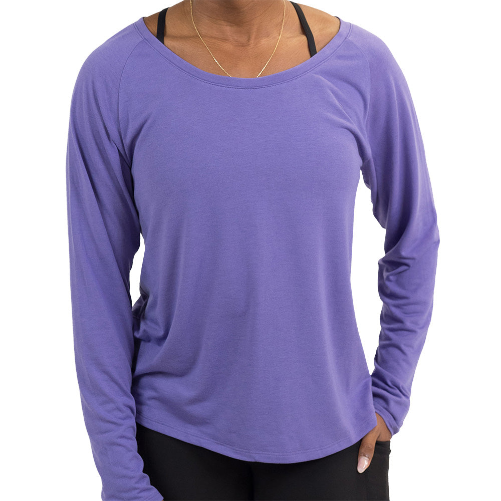 front of the purple long sleeve slouchy tee against a white background