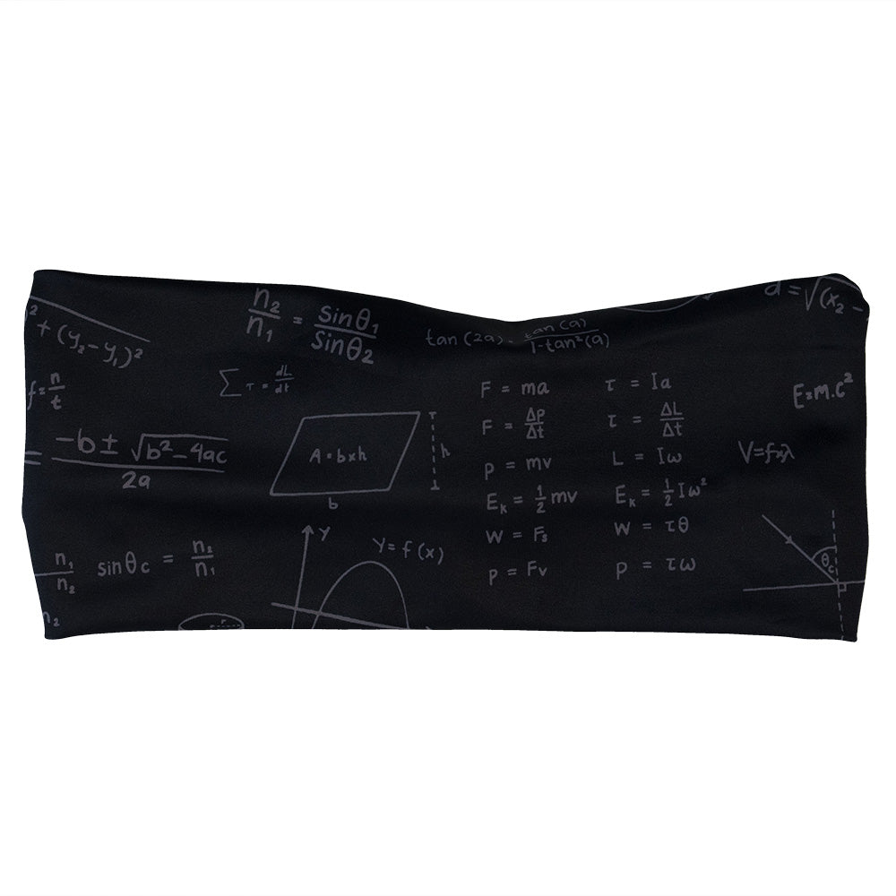 Black headband with mathematical equations and formulas on a white background