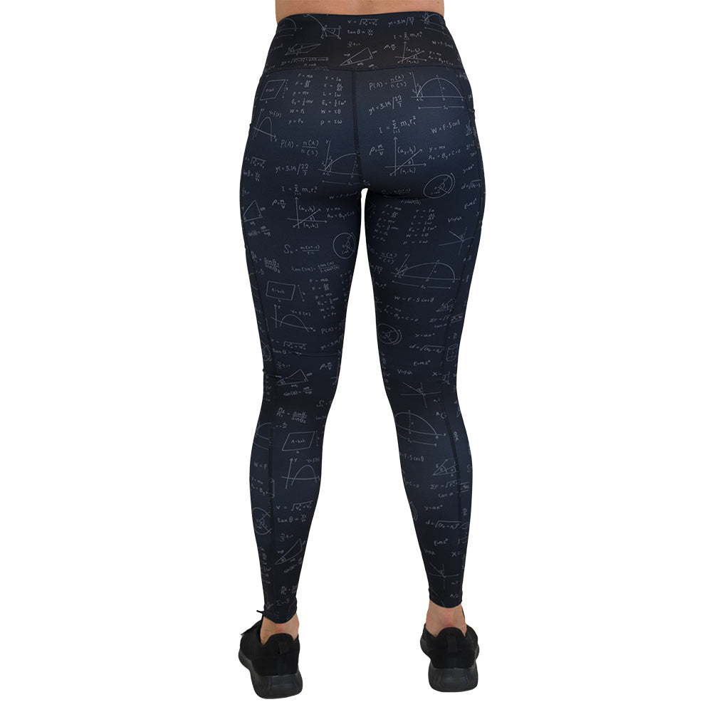 back of the Black leggings with mathematical equations and diagrams on them