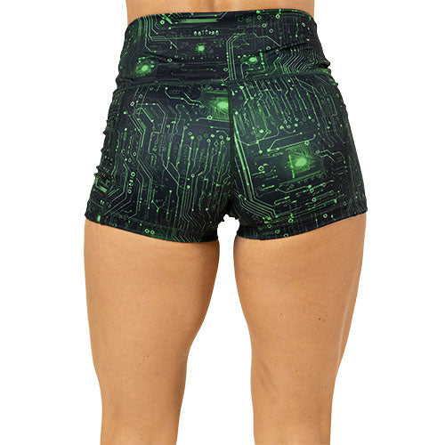 back of 2.5 inch matrix themed shorts
