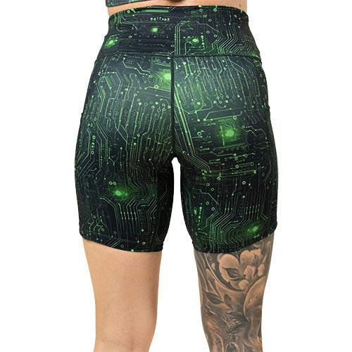 back of 7 inch matrix themed shorts