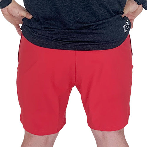 back of men's red shorts
