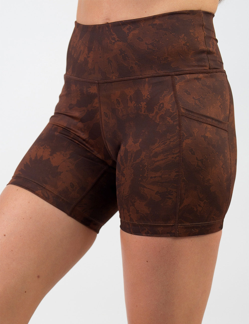 front of the brown tie dye 5 inch shorts against a white background