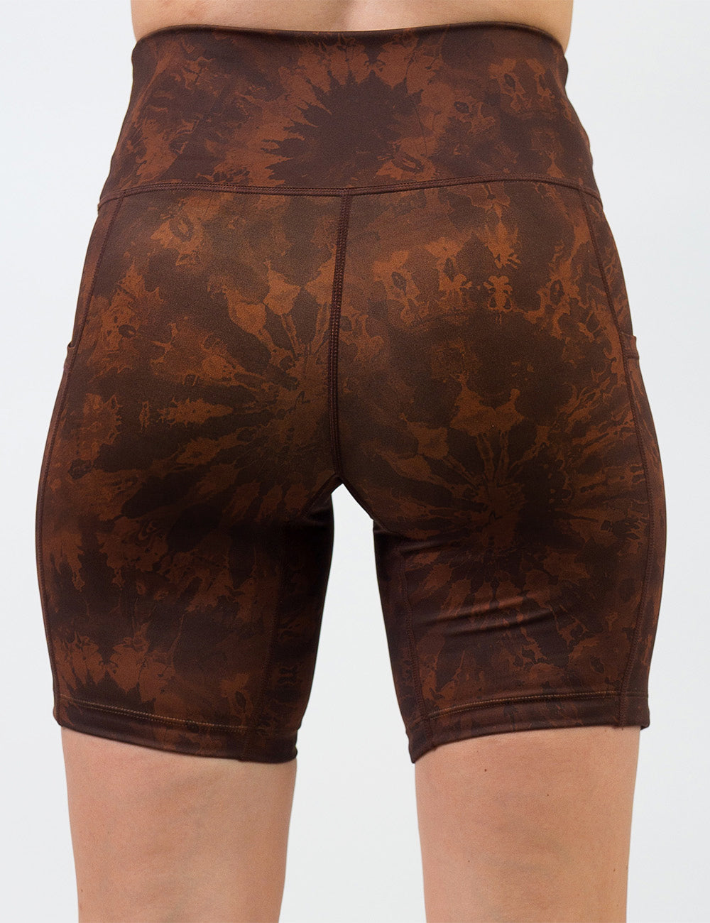 back of the brown tie dye 7 inch shorts against a white background