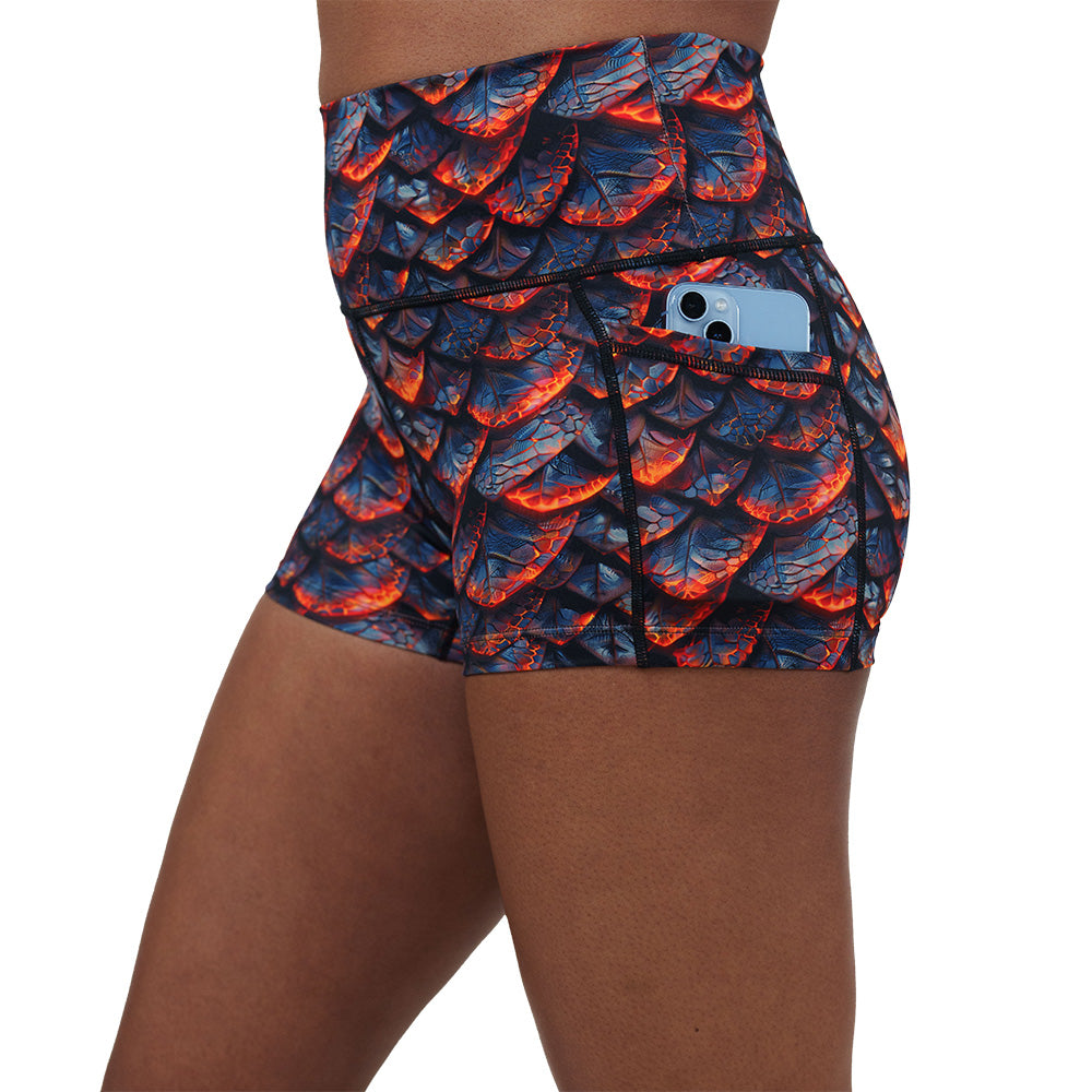 lava and dragon scale patterned shorts