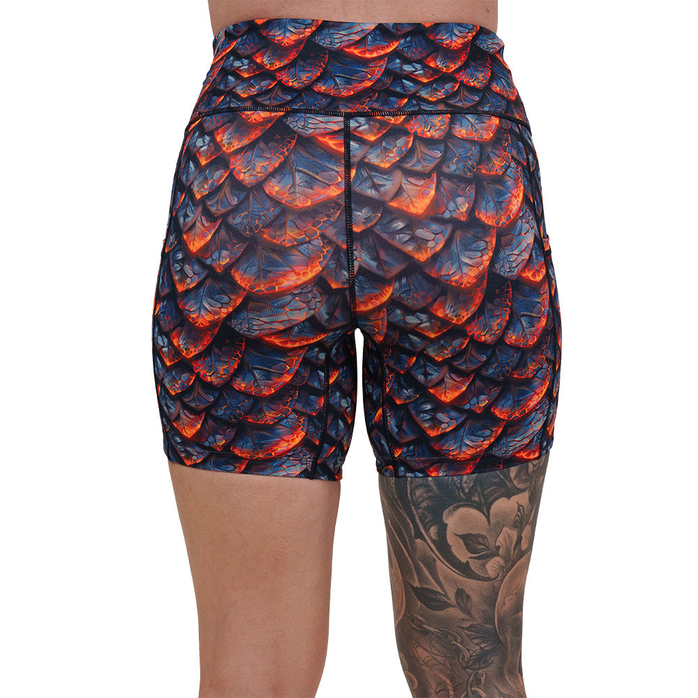 back of the lava and dragon scale patterned shorts