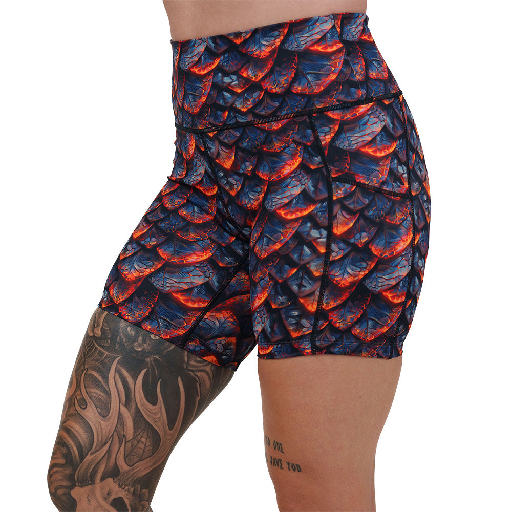 lava and dragon scale patterned shorts