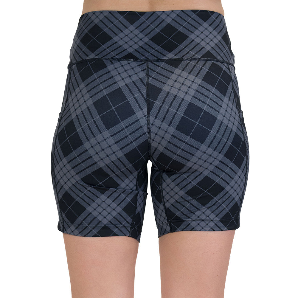 back of the plaid patterned shorts