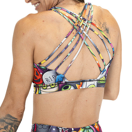 back of Halloween cartoons sports bra