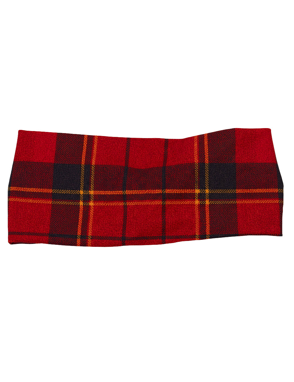 front of the red, dark red, and yellow plaid headband