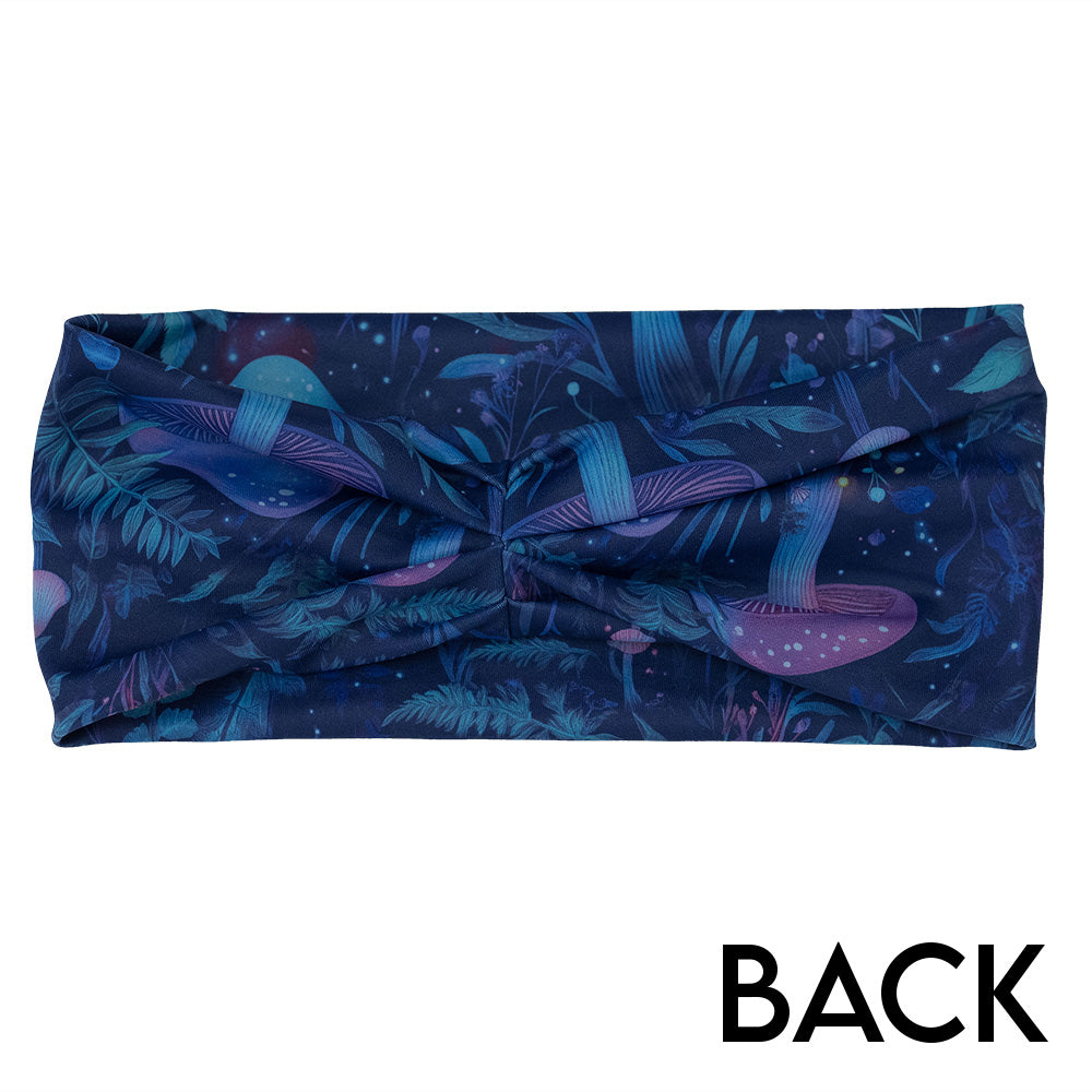 back of the headband with a blue and purple mushroom and foliage design on a white background