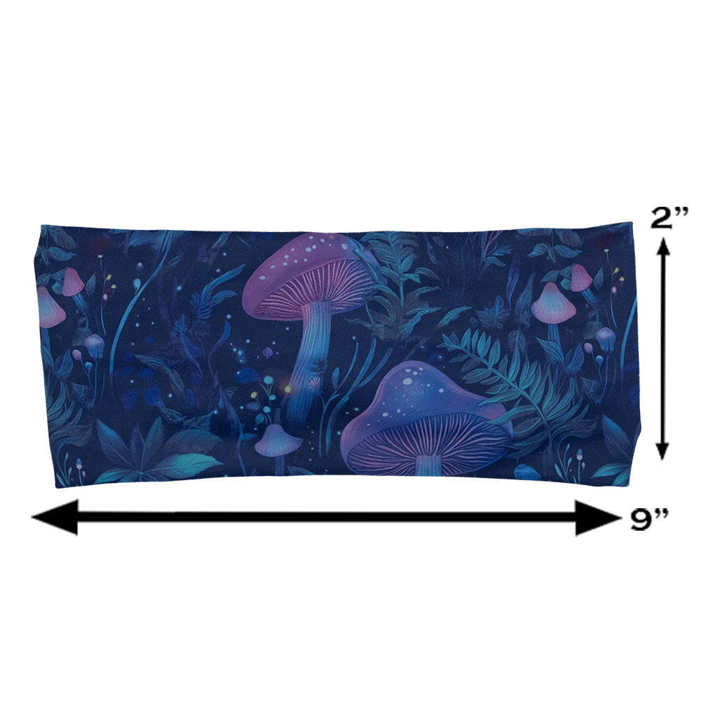 headband with a blue and purple mushroom and foliage design on a white background