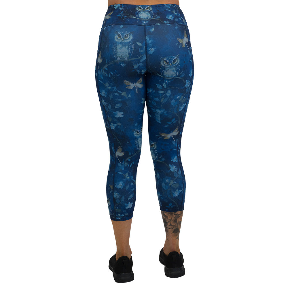 back of the blue owl patterned leggings