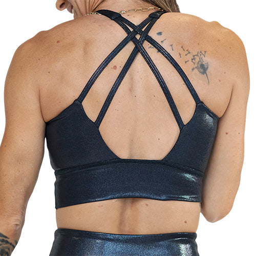 back of black reflective sports bra