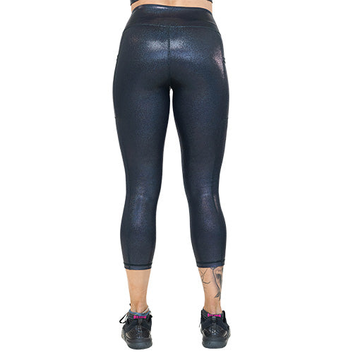 back of capri length black reflective leggings