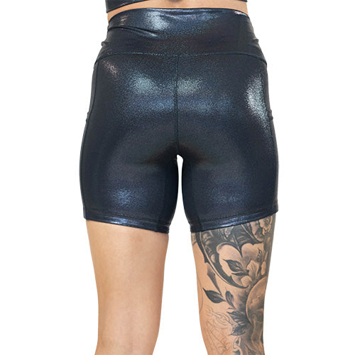 back of 5 inch black reflective shorts