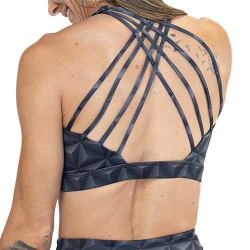 back of grey 3D triangle design sports bra