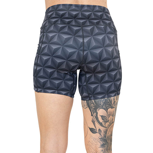 back of 5 inch grey 3D triangle design shorts