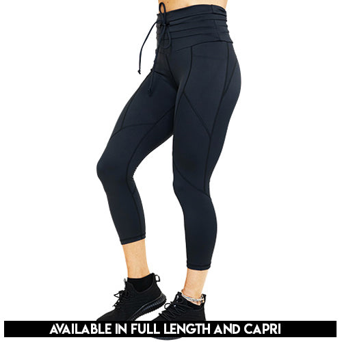solid black drawstring leggings available in full and capri length