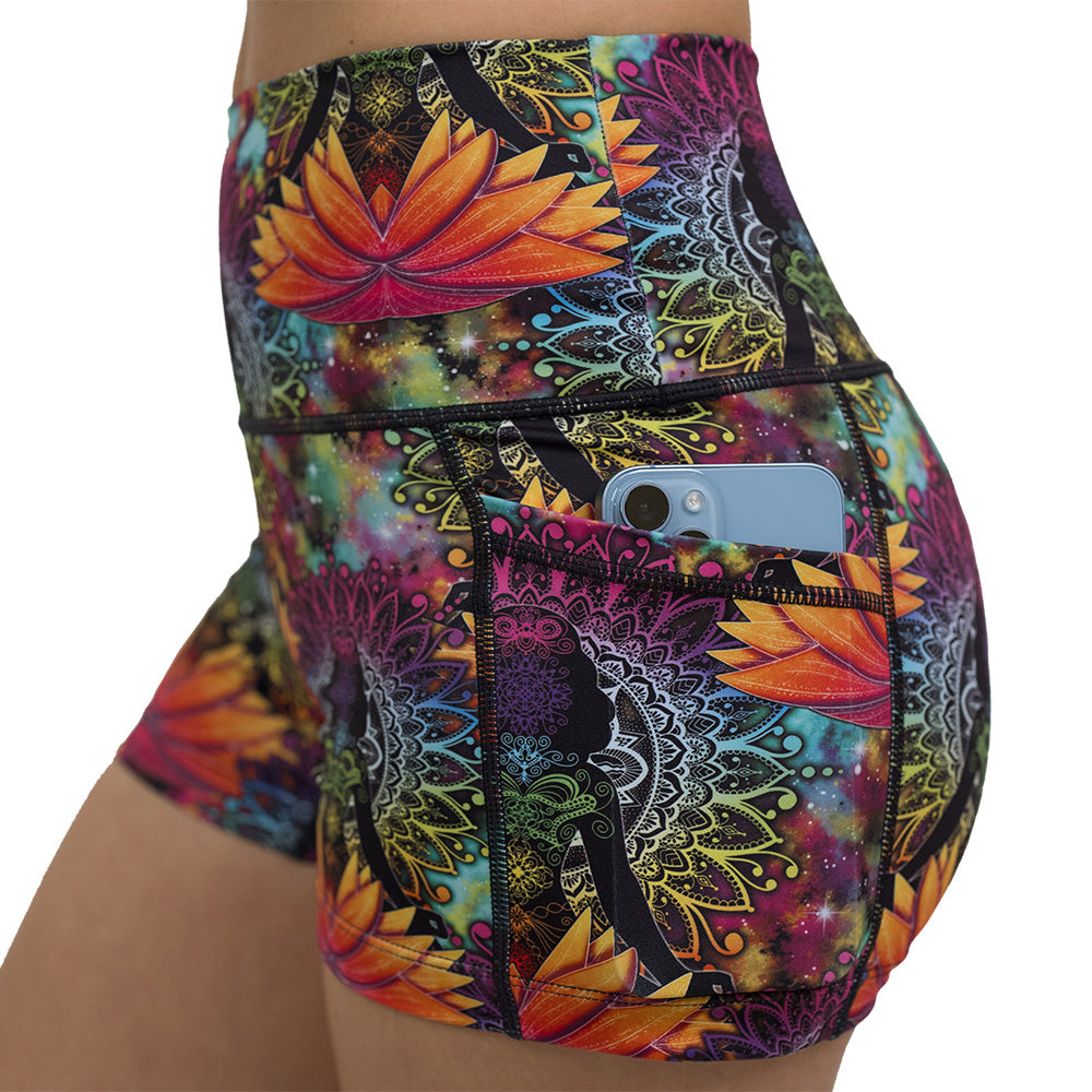 namaste all day shorts close up of pocket with a phone in it