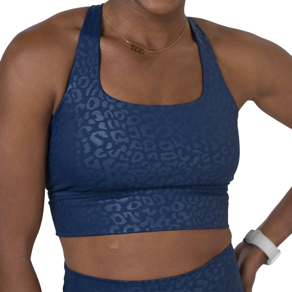 Blue leopard print patterned sports bra