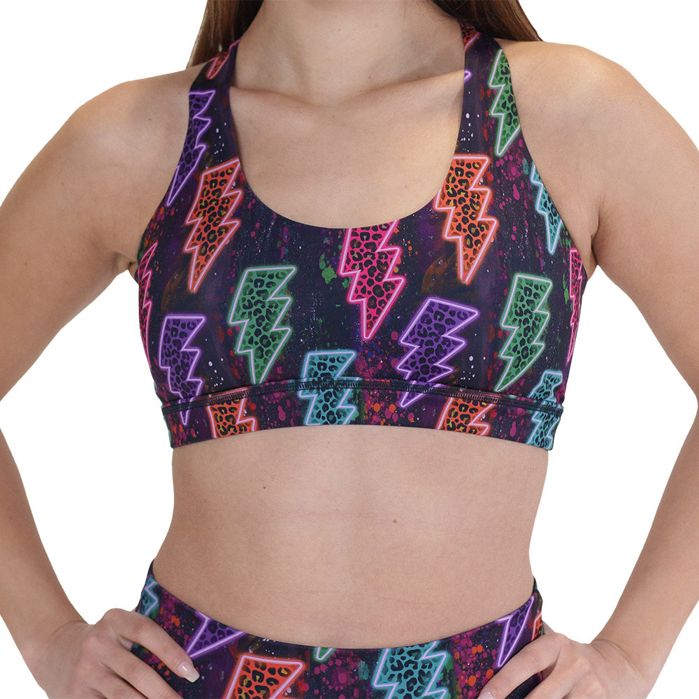 neon thunderbolts patterned sports bra