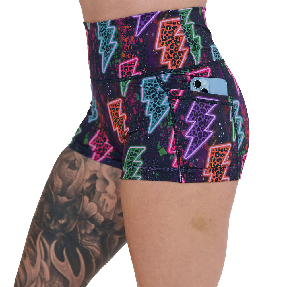 side pocket on the neon thunderbolts patterned shorts