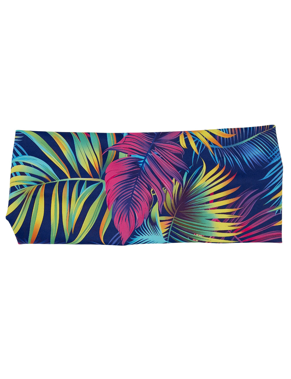 front of the vibrant tropical leaves headband against a white background