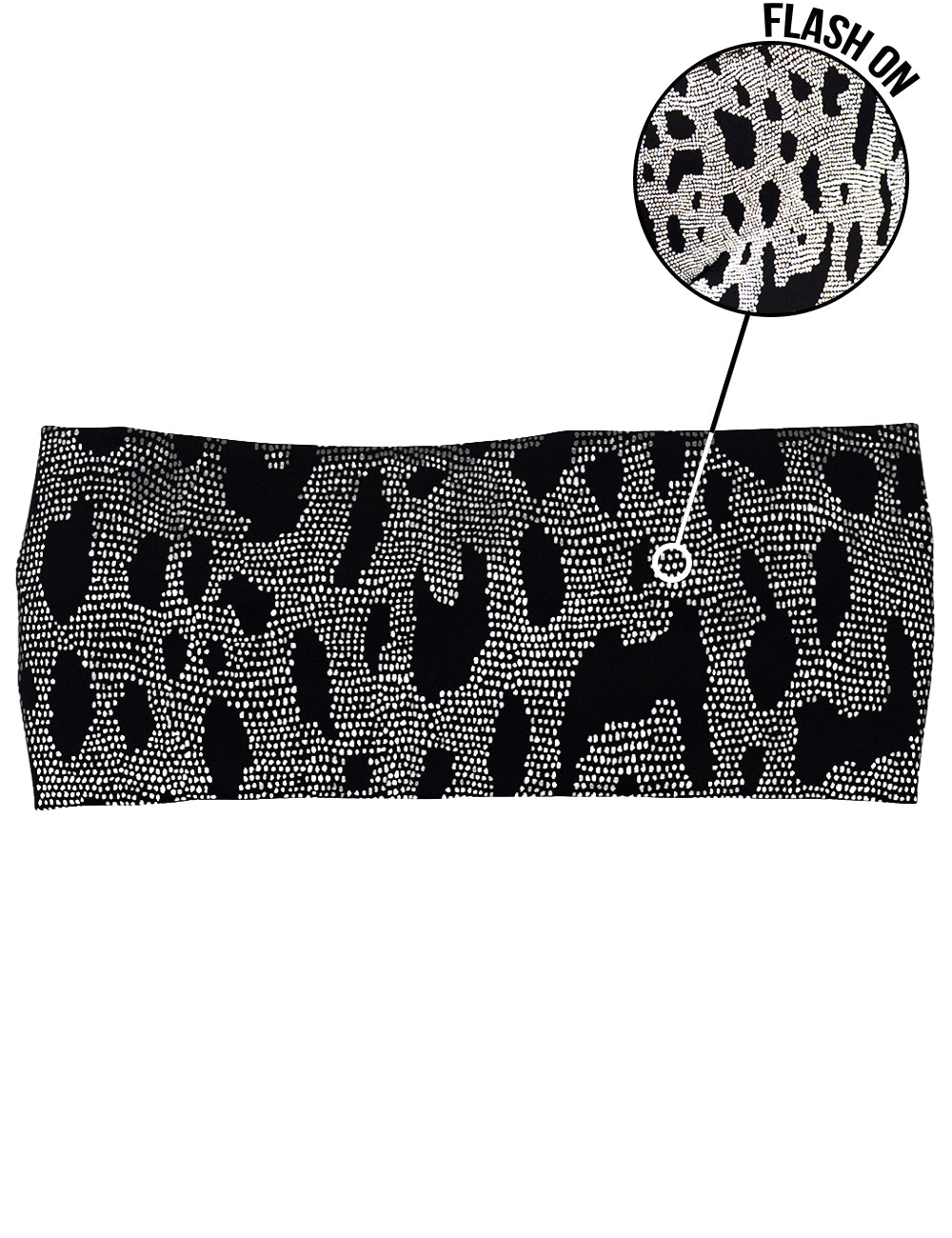 front of the dark spots surrounded by a reflective background headband with a close up of the pattern with the flash turned on
