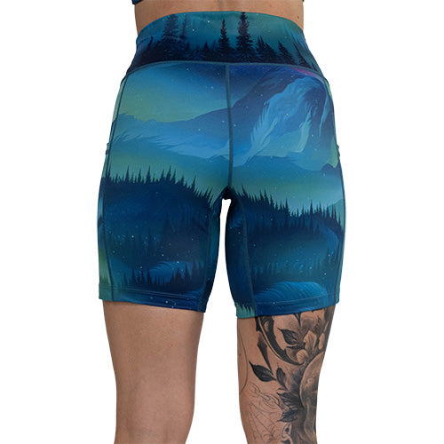 back of 7 inch Aurora Borealis shorts