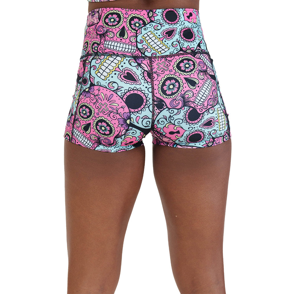 back of the pink, blue & purple skull print shorts