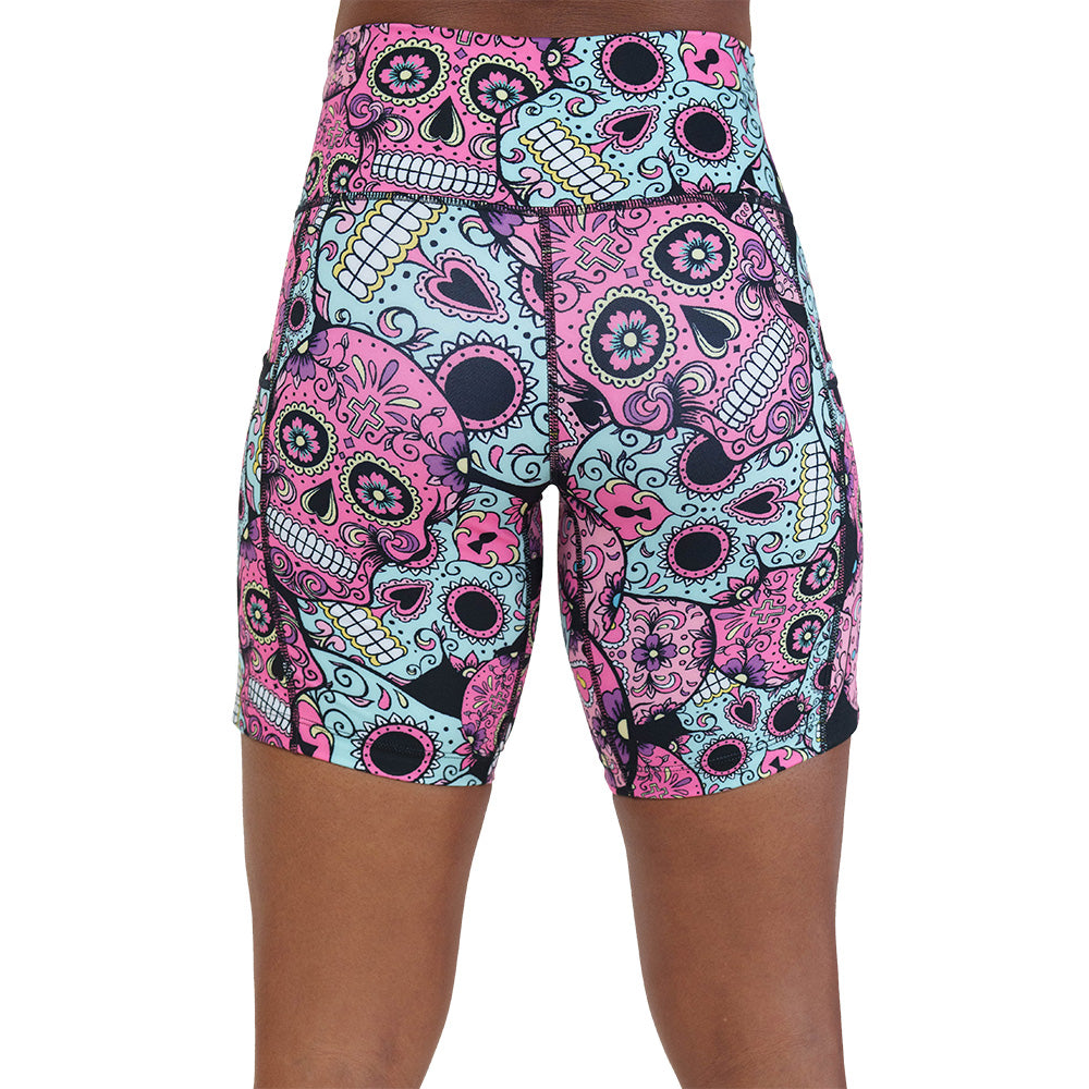 back of the pink, blue & purple skull print shorts