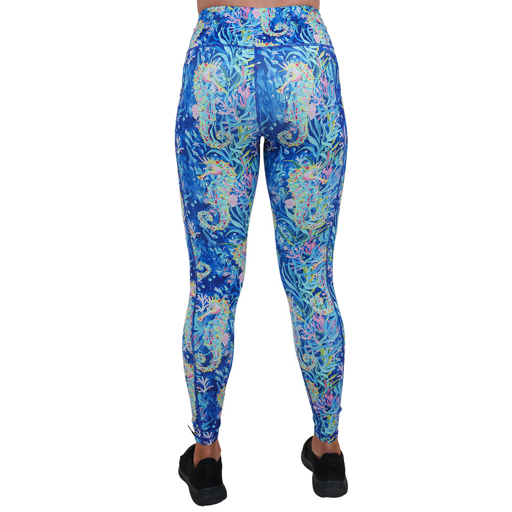 back of the colorful seahorse patterned leggings
