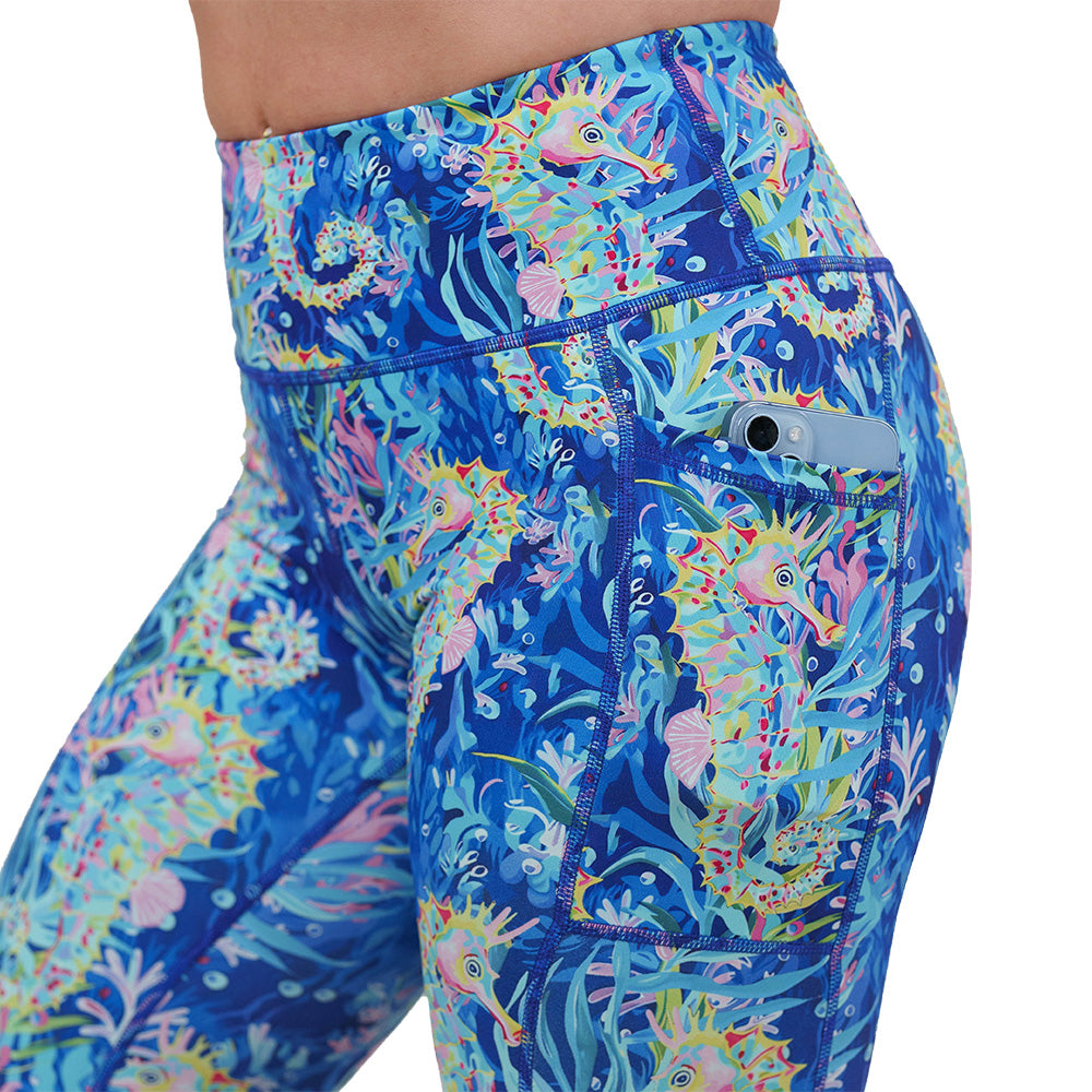 side pocket on the colorful seahorse patterned leggings