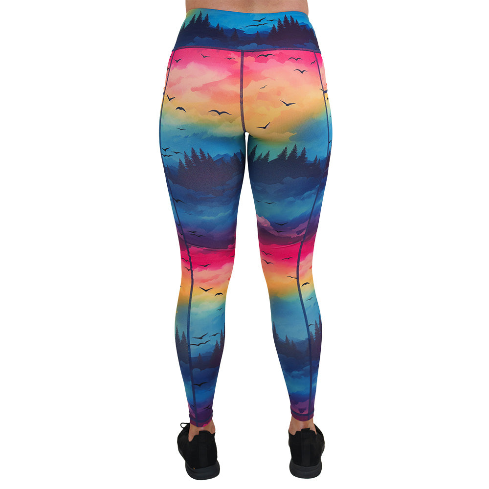 back of the colorful sunset patterned leggings