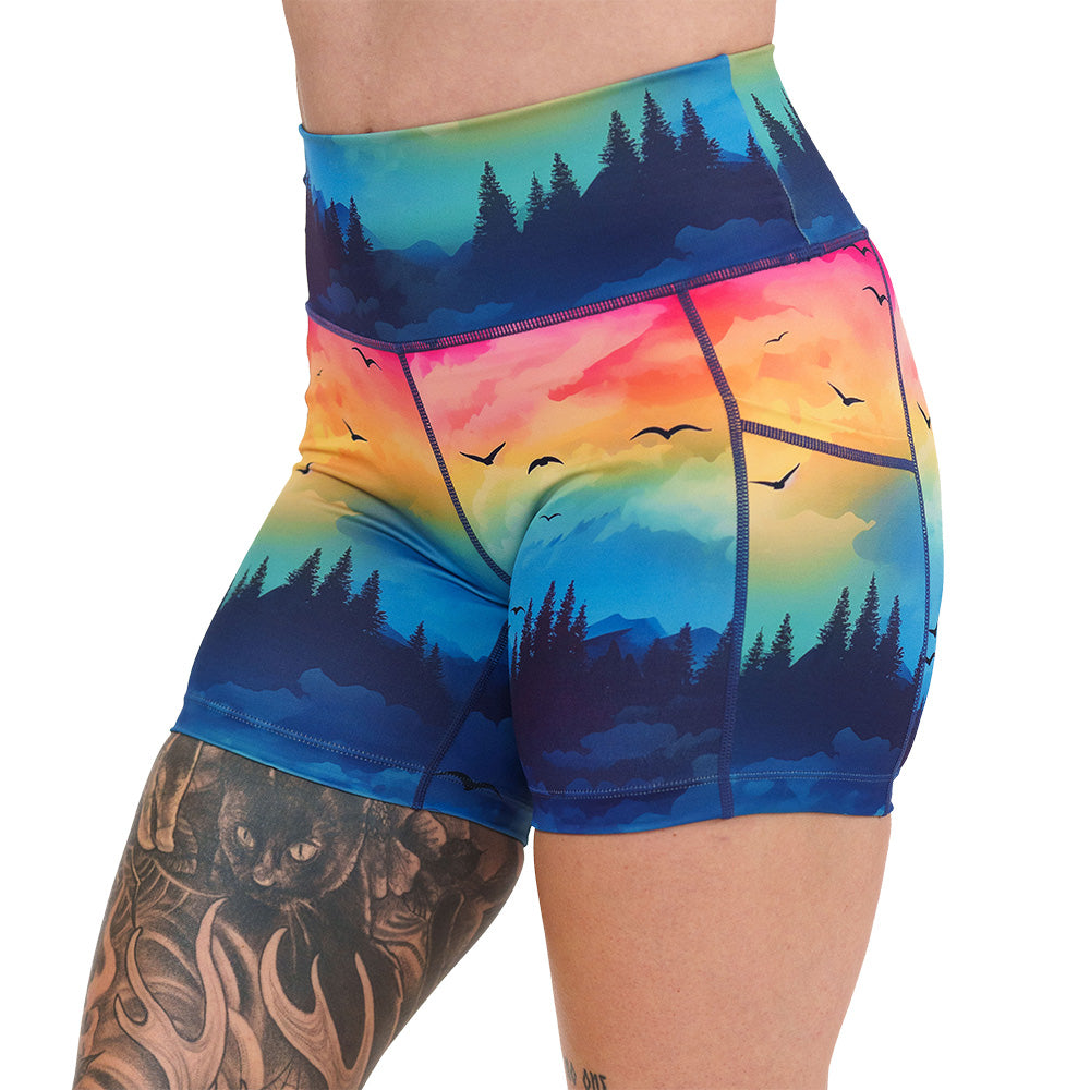 colorful sunset patterned shorts
