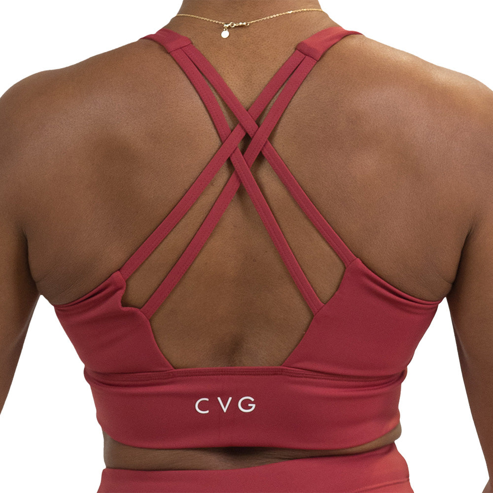 back of the omni garnet red longline bra against a white background