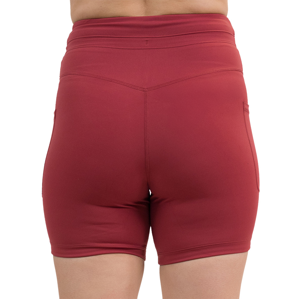 back of the 5 inch omni garnet red shorts against a white background