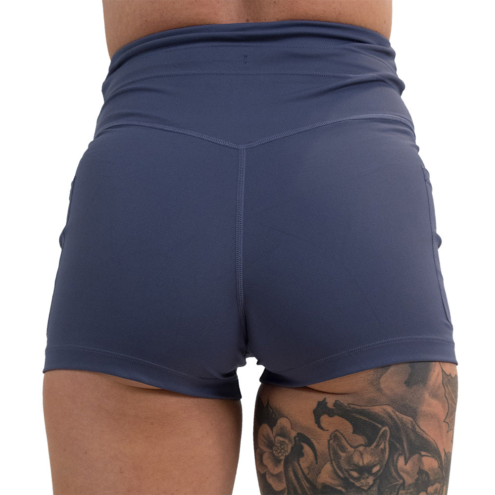 back of the 2.5 inch omni twilight purple shorts