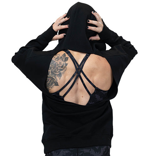 back of solid black open back hoodie
