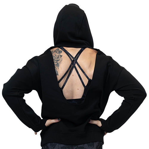 back of solid black open back hoodie