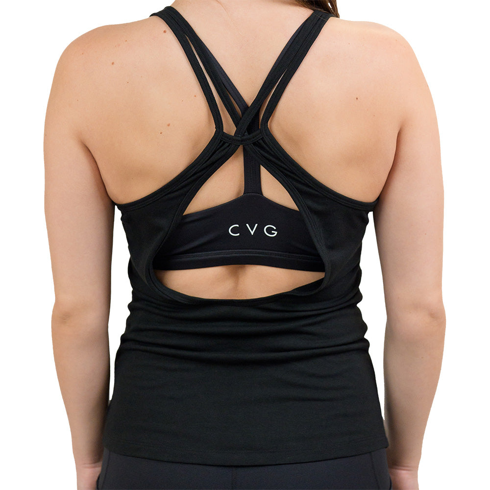 back of the black open tank top