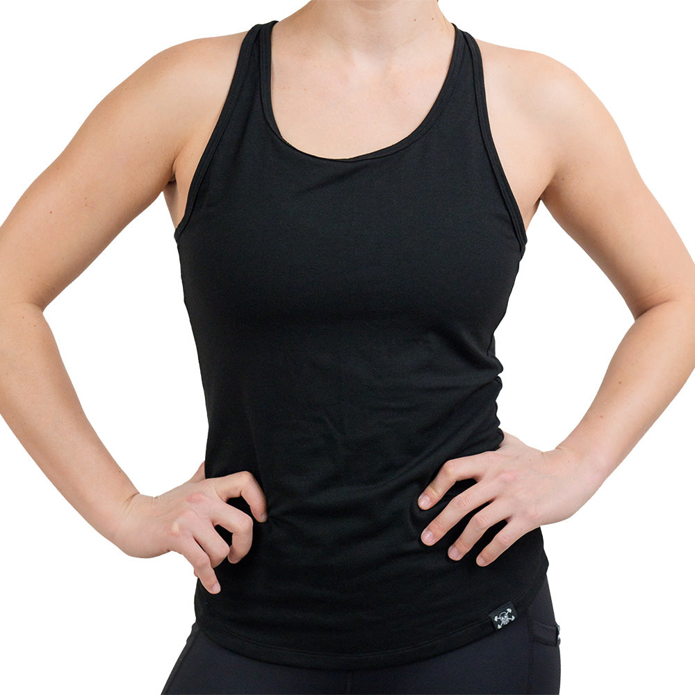 front of the black open tank top